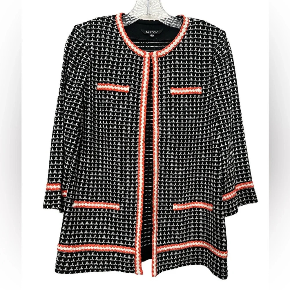 Misook Jacket Black And White Orange Detail Hook Closure 3/4 Sleeve Size Small